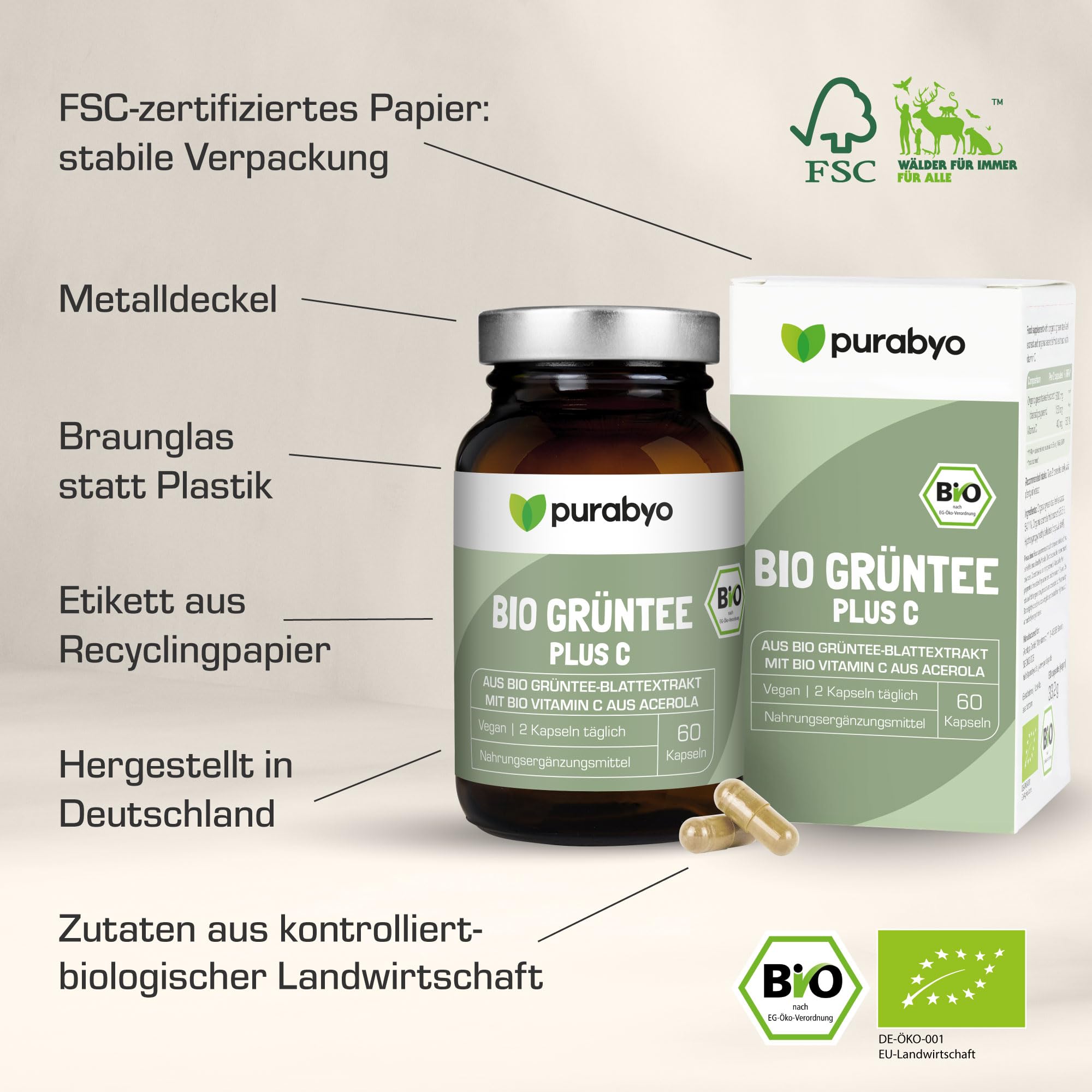 Purabyo BIO Grüntee Plus C | im Glas | Grüntee Extrakt mit 25% Polyphenolen | mit Bio Acerola C | Natürlicher EGCG Gehalt | vegan, laborgeprüft und in Deutschland hergestellt