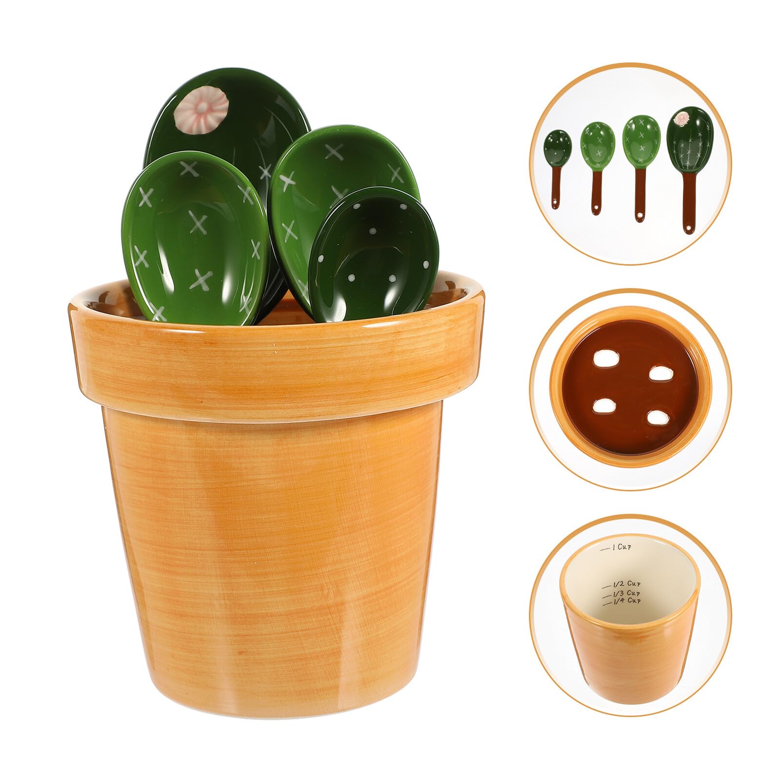 jojofuny Juego de Cucharas Medidoras Forma de Cactus en Cerámica Naranja Base para Hornear, Ahorro de Espacio y Utensilios para Café y Condimentos