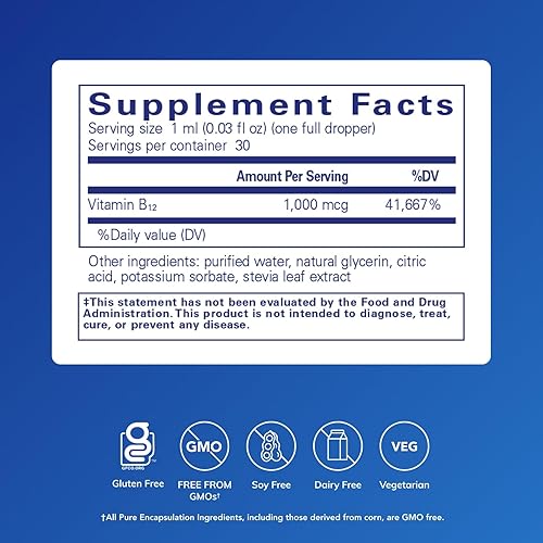Vista 2 de Líquido B12, Metilcobalamina Hipoalergénica líquida de Pure Encapsulations, 1.0 onzas