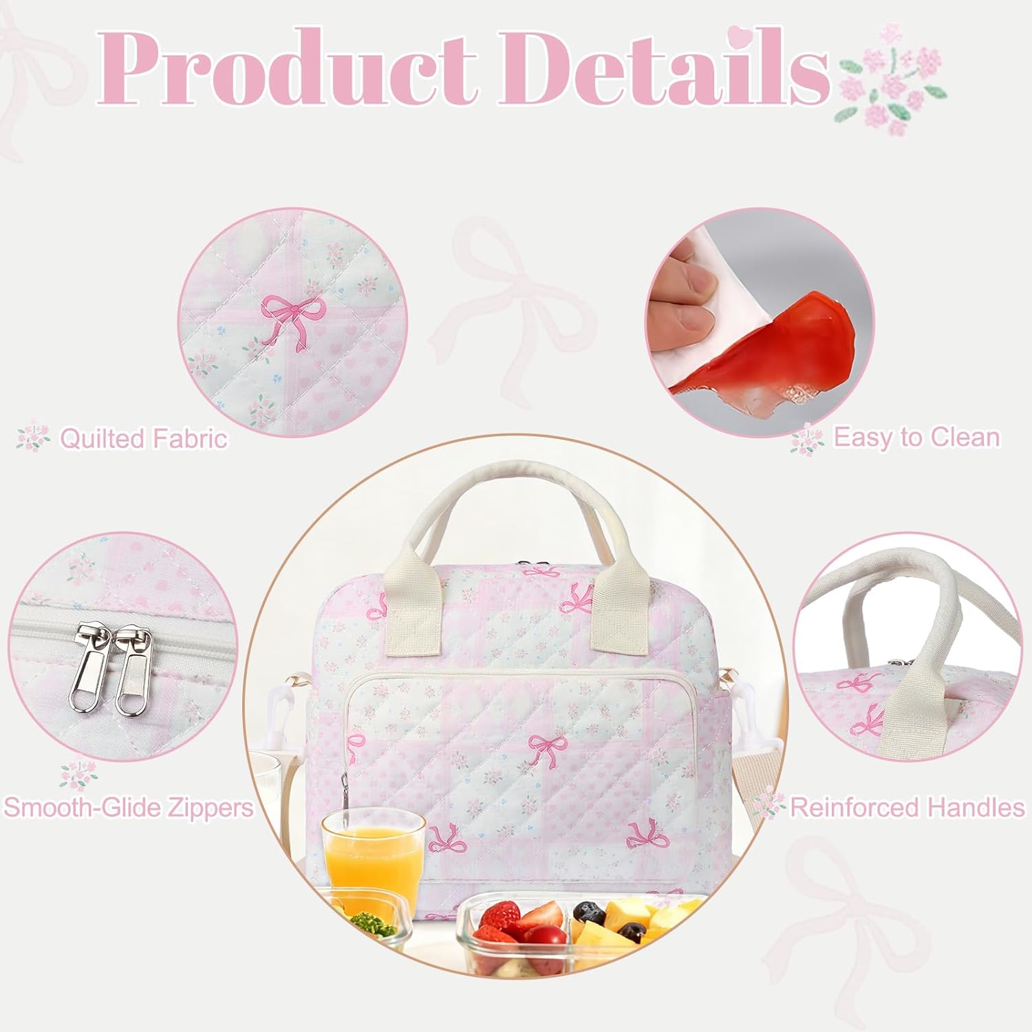 Quilted Lunch Box for Women, Large Insulated Lunch Bag for Adult,Elegant Pink Bow Cute Portable Tote Bags for Work Travel Beach Picnic(Pink Bow Grid Pattern,M)
