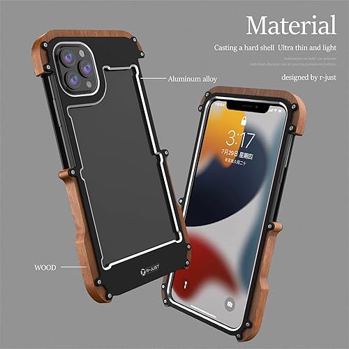 Miniatura 6 de Kowauri Funda para iPhone 13, protección contra caídas de aluminio de metal y madera, a prueba de golpes, color negro