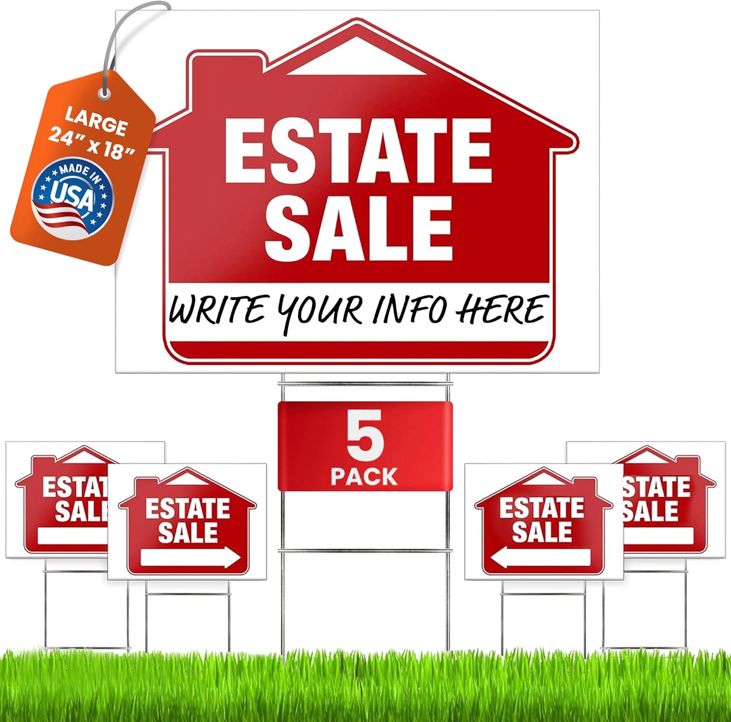 Estate Sale Signs (5 Pack) – Premium LARGE 24” x 18” Double-Sided Estate Sale Signs with Heavy Duty Stakes – Garage Sale Yard with Directional Arrows