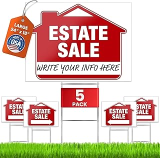 Estate Sale Signs (5 Pack) – Premium LARGE 24” x 18” Double-Sided Estate Sale Signs with Heavy Duty Stakes – Garage Sale Yard with Directional Arrows