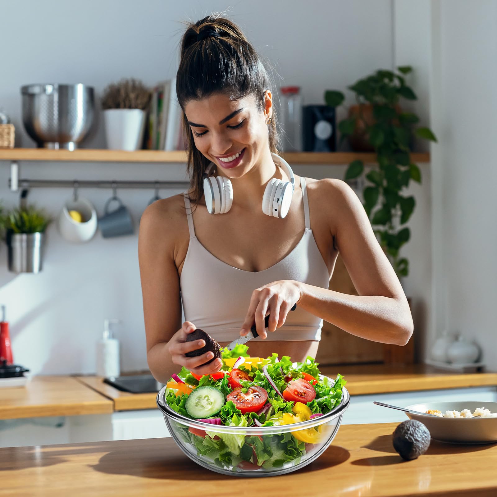 Domensi Cuencos de vidrio de 6.5 cuartos de galón, tazón grande de vidrio transparente, cuenco de ensalada de vidrio para servir cuencos de cocina para almacenamiento de pan, ensalada, lavavajillas,