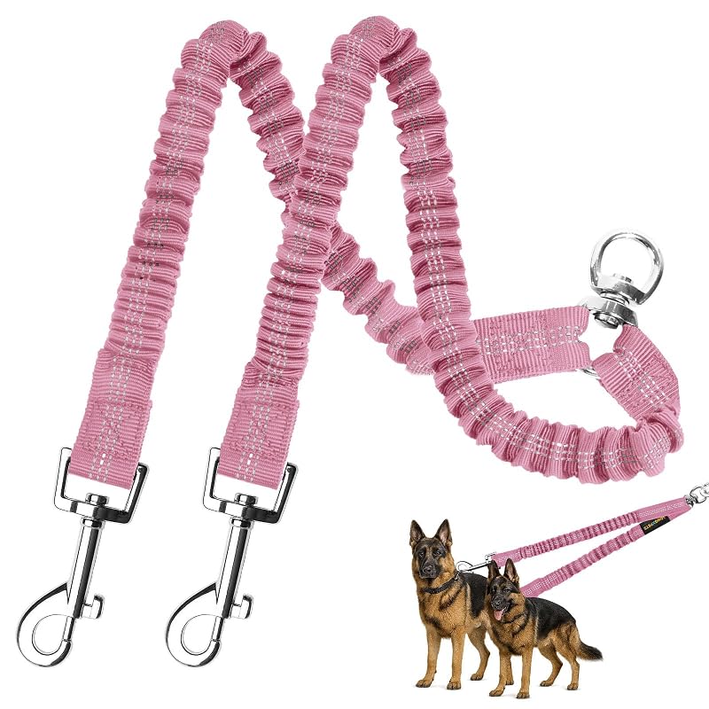 Guia Dupla para Cães MingXpets com Giro 360°, Elástico com Amortecimento e Costura Refletiva Rosa, Grande