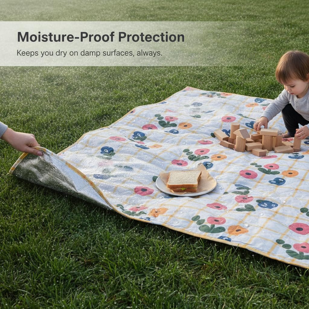 Coperta da Esterno Impermeabile 200x300 cm - da Campeggio con Fondo Impermeabile per Esterno - per picnic, Giallo a quadri con fragole e fiori, 300 * 300cm