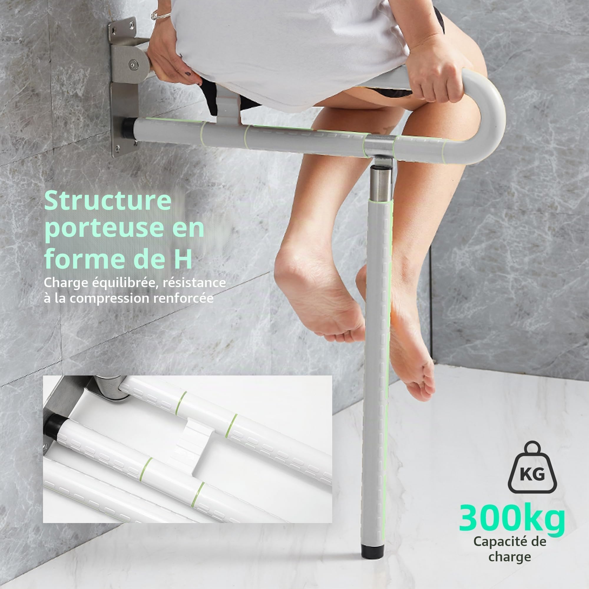 Barre Dappui Wc Handicapé,Poignée de Support Pliable Antidérapante,Acier INOX de Salle de Bain Barre de Douche Poignée de Support de Sécurité pour Personnes âgées et Enceintes 250~300 KG