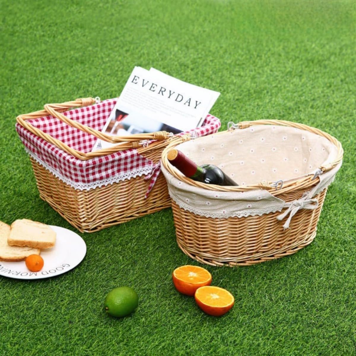 ピクニックバスケット 籐かご 収納バスケット 手編み かわいい カゴ収納 布裏地付きカゴ 二重折りたたみハンドル付き 織かご収納 フ