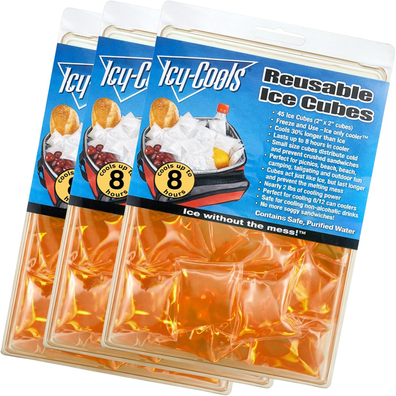 ICY‑COOLS Reusable Ice Cubes for Drinks, Coolers, and Lunch Boxes –135 Total (3 Packs of 45) Mess-Free, Non-Melting Alternative to Ice Cube Trays for Freezer, Orange