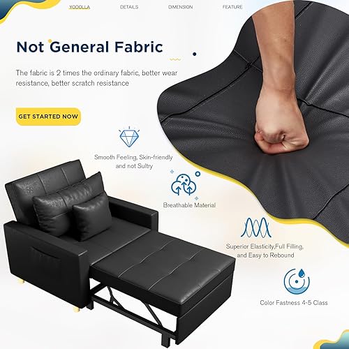 Miniatura 7 de YODOLLA Sofá cama 3 en 1, silla individual con respaldo ajustable en un sofá, tumbona, cama individual, silla convertible para adultos, negro de
