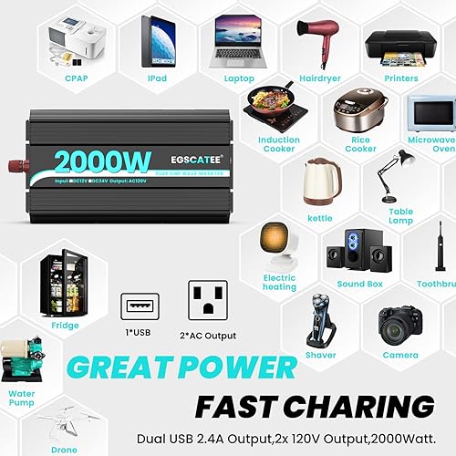 Miniatura 5 de EGSCATEE Inversor de corriente de onda sinusoidal pura de 24 V 2000 W, convertidor de corriente de 24 V CC a 120 V CA para automóvil, camión, hogar,