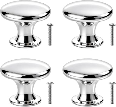 4 Pcs Silver Door Knobs, Single Hole Cabinet & Drawer Knobs with Screws, 30mm Polished Chrome for Cupboards, Wardrobes, Kitchen Cabinet Knobs,Door Knobs,Drawer Knobs