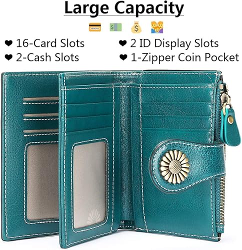 Miniatura 4 de Cartera de piel auténtica para mujer, con ventana de identificación, tarjeta de crédito, protección RFID, con caja de regalo, Azul, Bifold