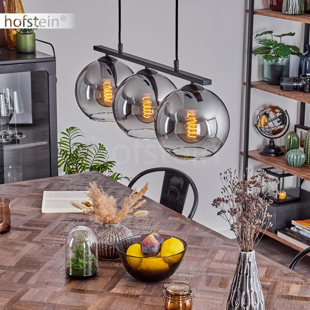 Pendelleuchte Koyoto, Hängelampe aus Metall/Glas in Schwarz/Rauchfarben/Klar, Hängeleuchte im Retro/Vintage-Design mit Glasschirmen (Ø 20 cm), 3-flammig, Höhe max. 116,5 cm, 3 x E27, ohne Leuchtmittel