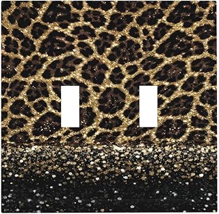 Decorative Light Switch Cover Plate Leopard Print Black Gold Glitter Texture 2 Gang Wall Plate Cover Double Toggle Switch Plate Covers Electric Dual Device Electrical Faceplate