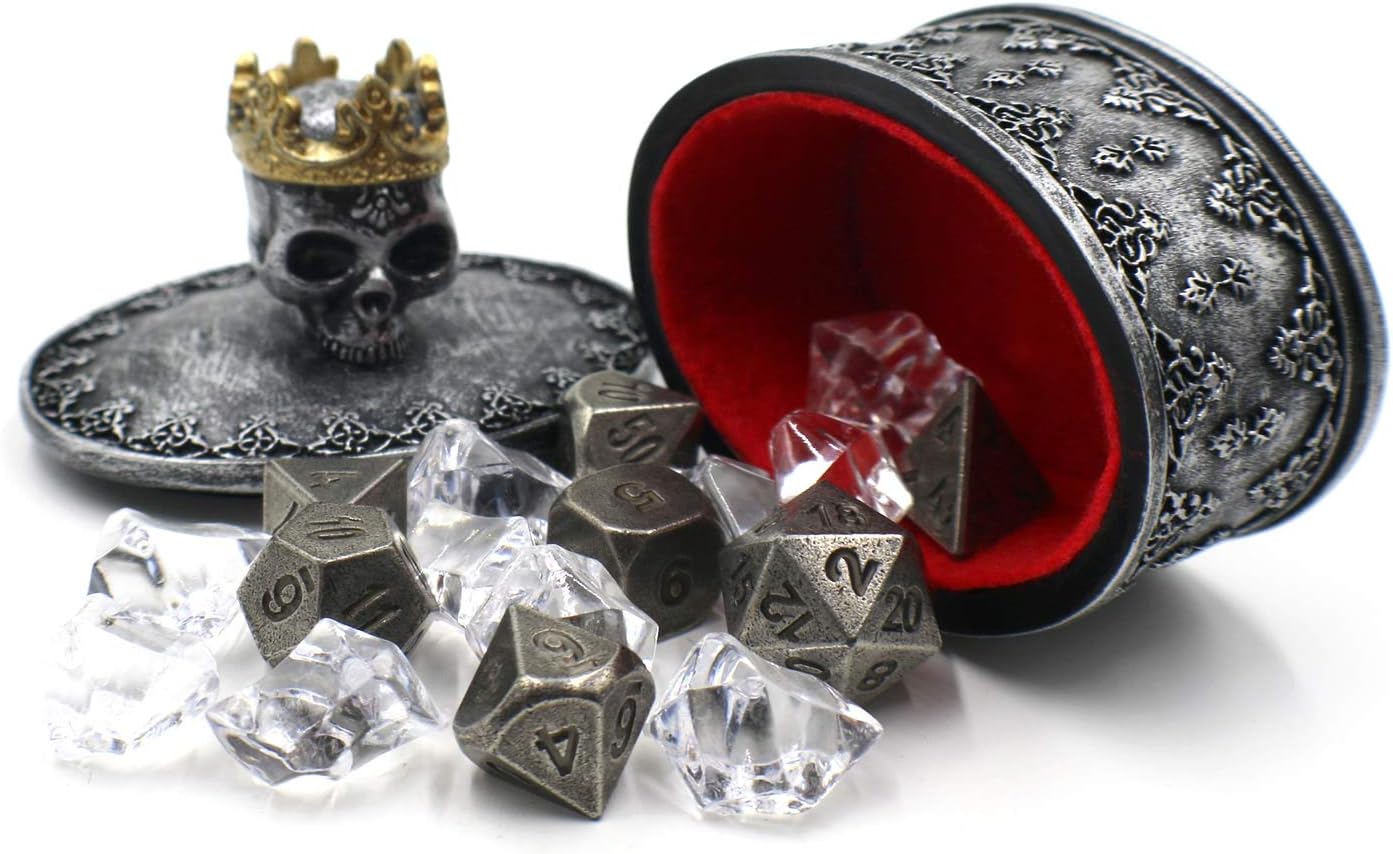 Gothic Dice Box with Metal D20 Set for Roleplay and D&D (Silver)