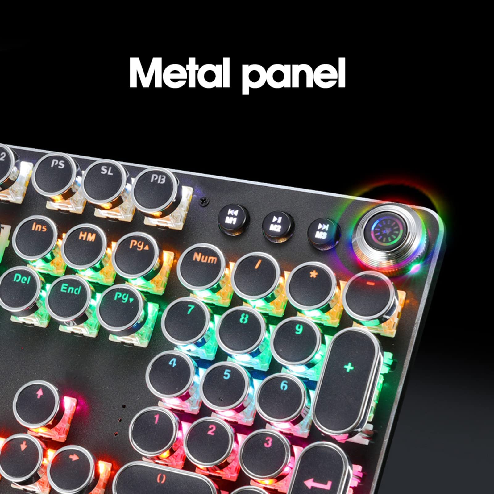 Tastiera Meccanica, Tastiera da Gioco Cablata USB a 104 Tasti, Copritasti Rotondi con Pannello in Metallo, Tastiera retrò in Stile Macchina da Scrivere con Retroilluminazione per Desktop, Laptop