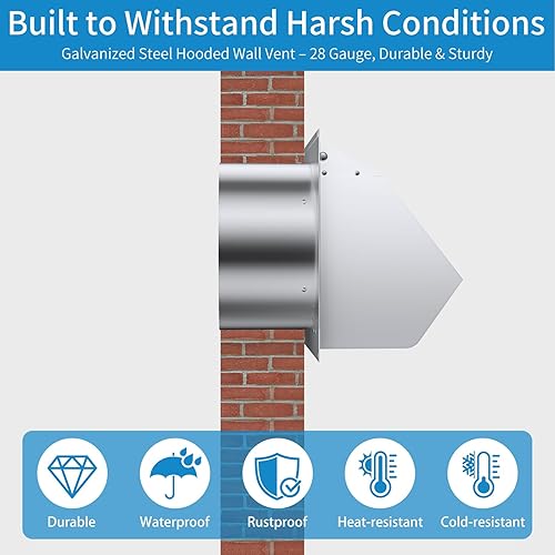 Miniatura 3 de Cubierta de ventilación de pared con capucha de 6 pulgadas con pantalla y amortiguador, cubierta de ventilación de pared de escape, cubierta de