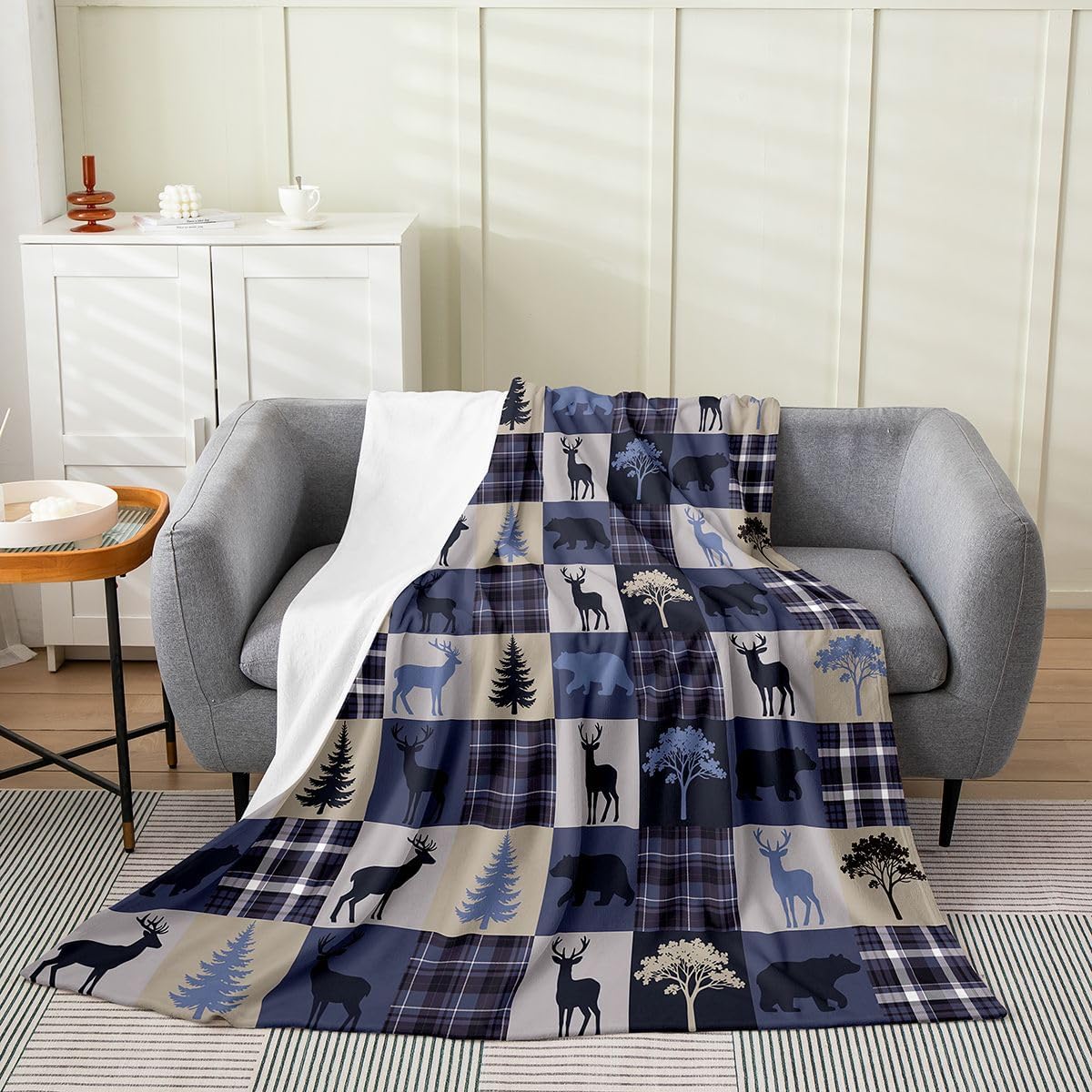 Castle Fairy Deer Pine Tree Fleece Blanket,Green Brown Plaid Stripe Throw Blanket for Kids,Rustic Farmhouse Christmas Xmas Lightweight Blanket for Sofa, Queen (90 x 90 Inch)
