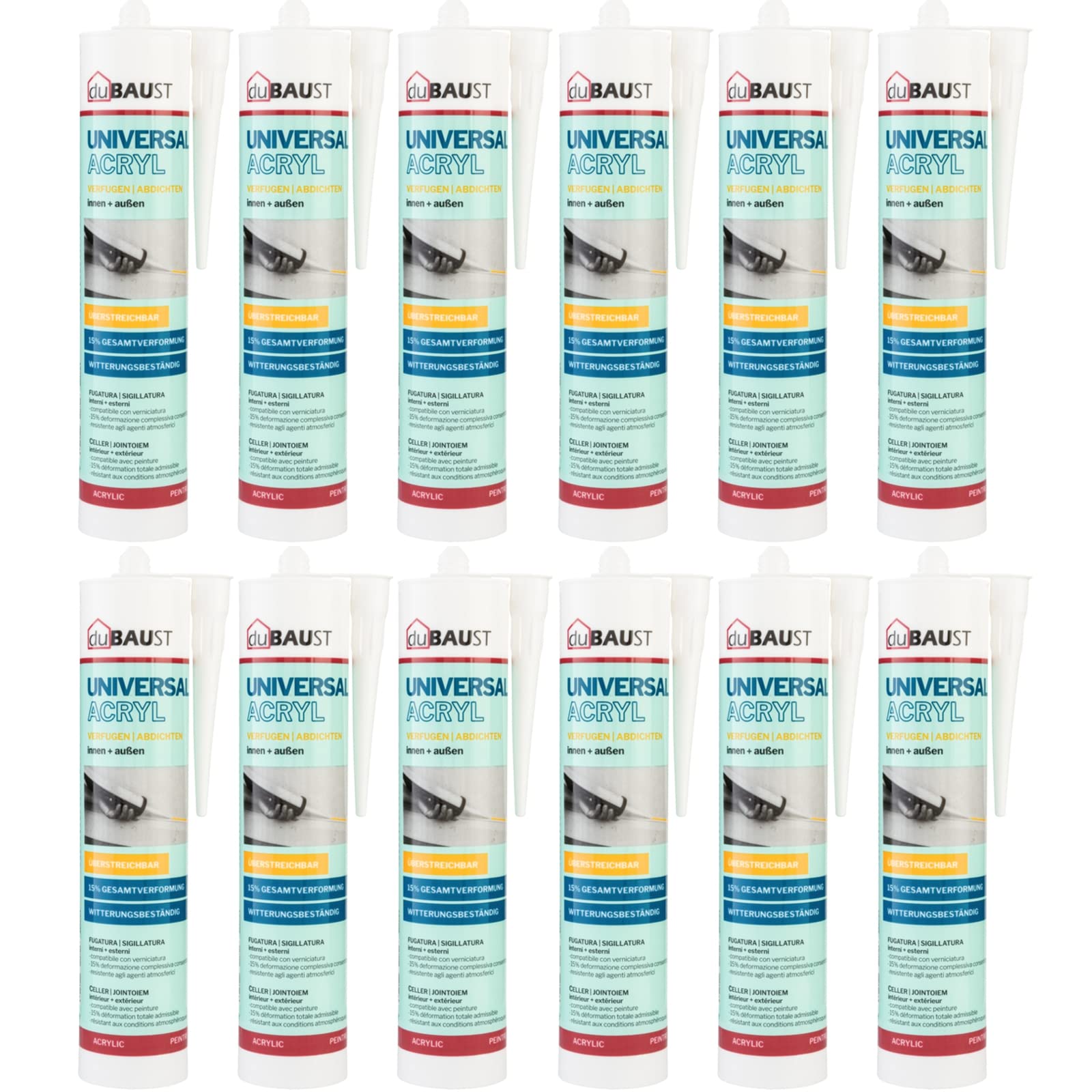MAC24 Mastic acrylique universel pour intérieur et extérieur, recouvrable, résistant aux intempéries, cartouche de 310ml, blanc (12)
