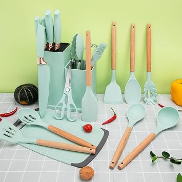 SV Home & Deco All-in-One 19-Piece Kitchen Utensils and Knife Set: 14 Cooking Utensils + 5 Essential Kitchen Knives for a Complete Culinary Experience (Light Green), SMALL, N0516