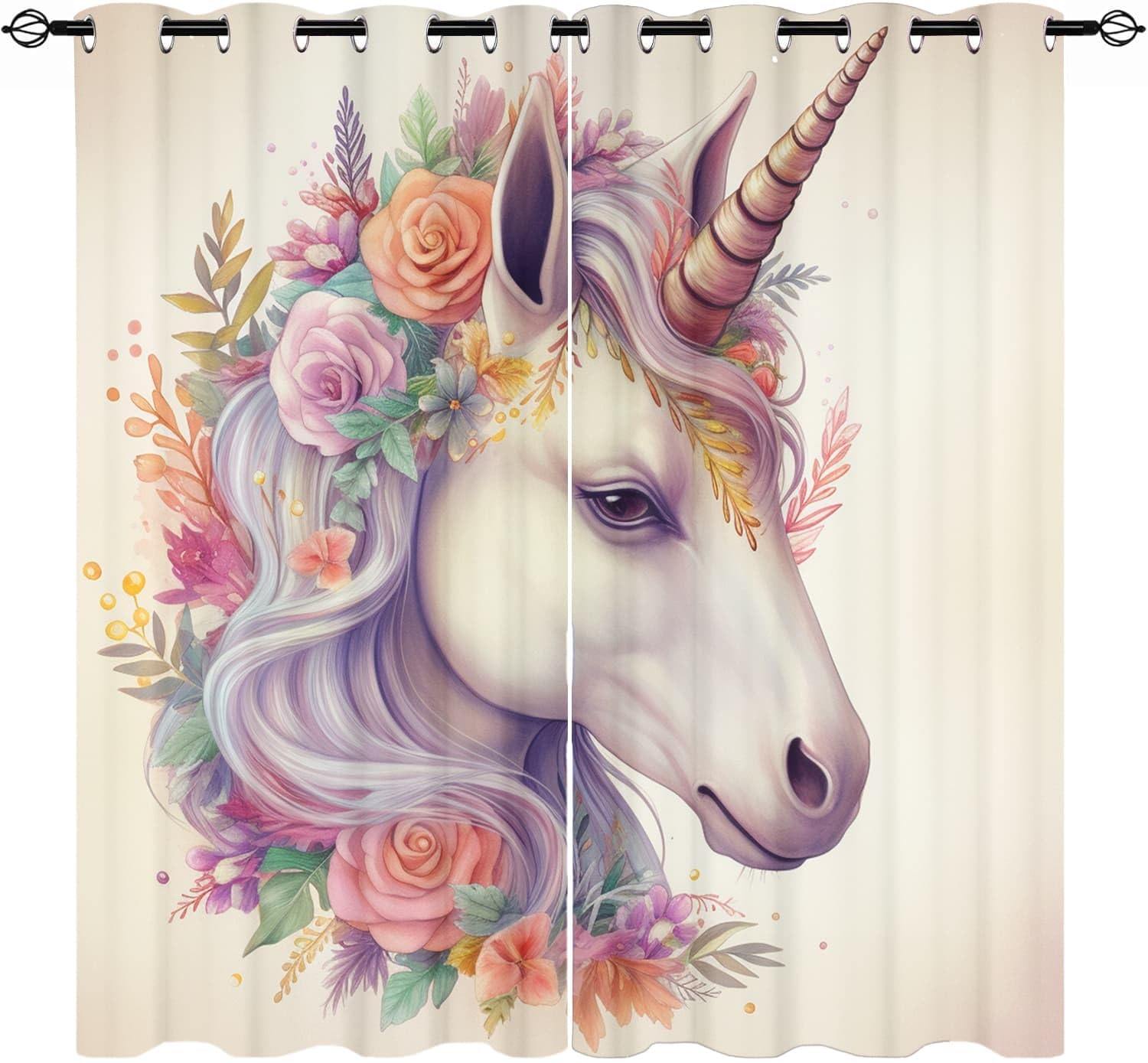 Lot de 2 Rideau Occultant Thermique 140L X 225H cm Fantaisie Art Licorne Rideaux Isolation Lumiere Anti UV Draperies d’intimité à Oeillets Beige pour Chambre Salon Décoration Fenêtre