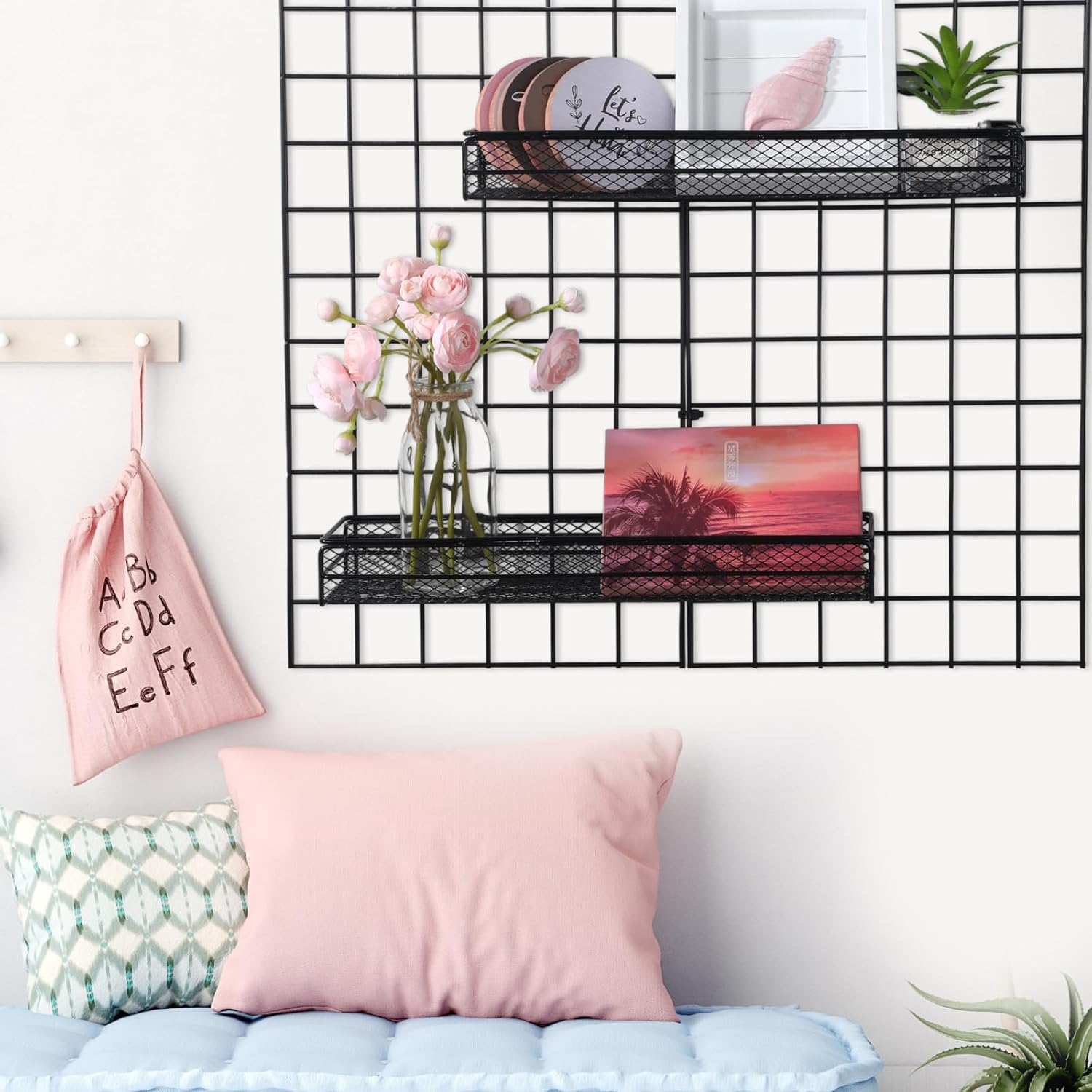 4 Pcs Metal Wire Mesh Basket for Gridwall Black Hanging Wire Mesh Basket with Hook Wall Mounted Organizer for Home Wall Display (Small)