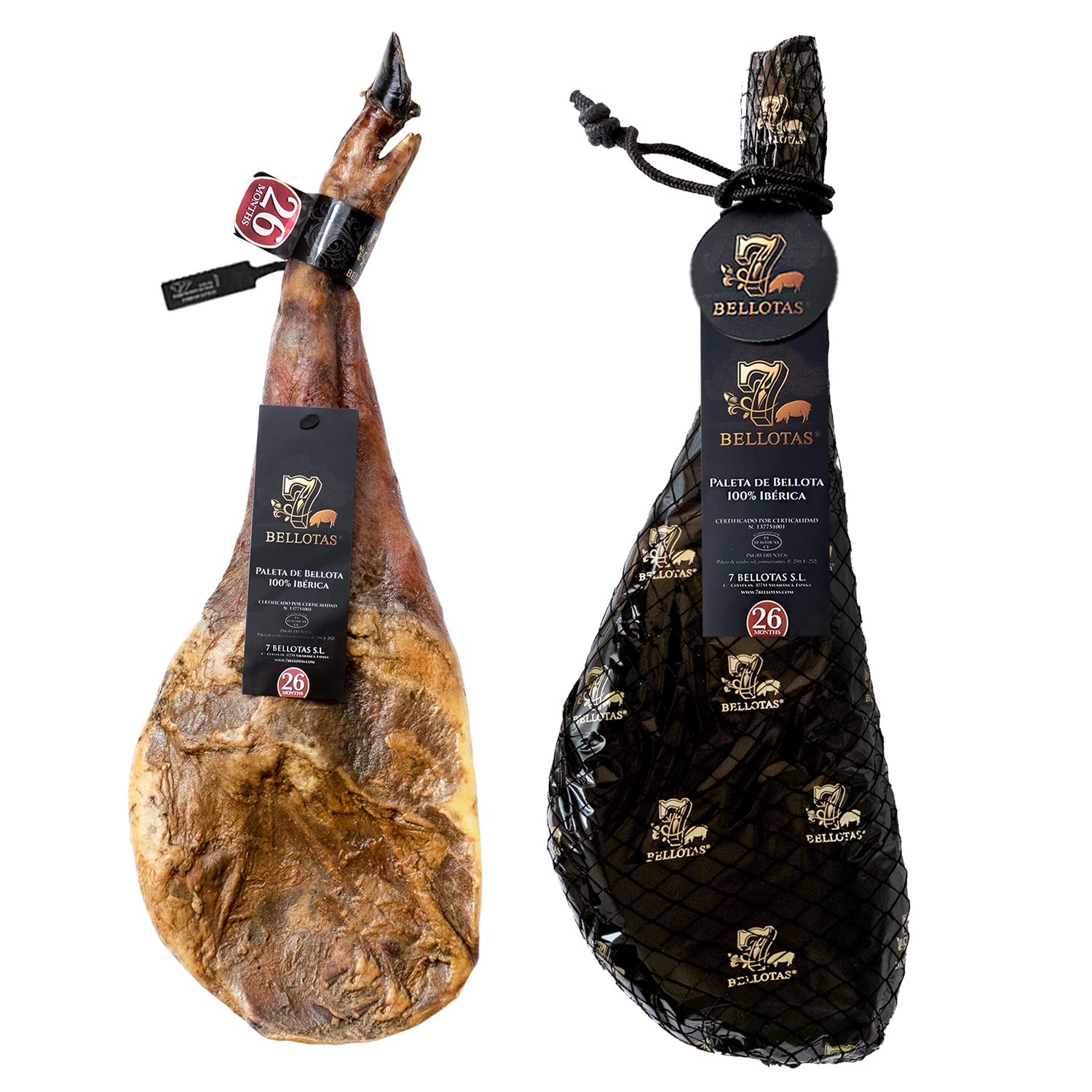 7 BELLOTAS Paleta de bellota 100% Ibérica | Paleta de Jamón Ibérico Pata Negra Español de Guijuelo con 26 Meses de Curación Natural (Pieza entera + 5,0 Kg.)