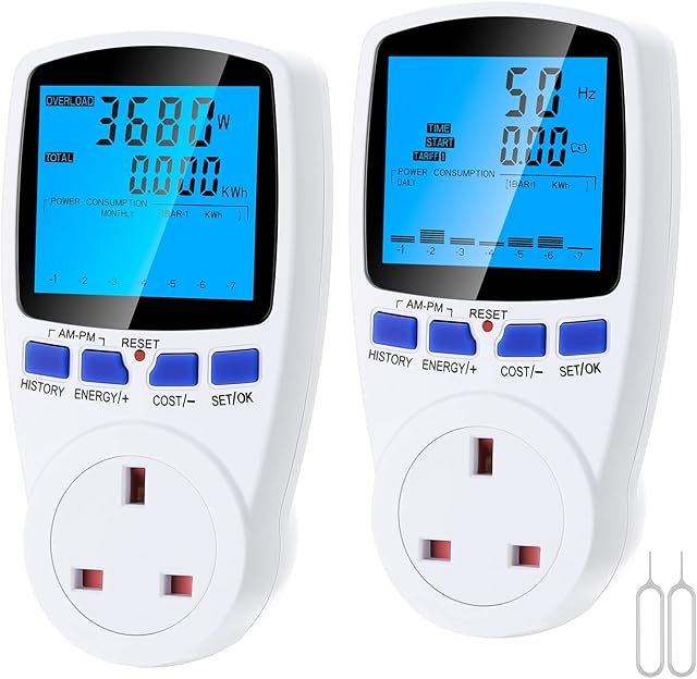 Power Meter Plug Energy Monitor - Seamuing 2pcs 13A Dual Tariffs Electricity Usage Monitor UK Plug Power Consumption kWh Watt Volt Amp Measure Electric Usage Meter for Home Hotel