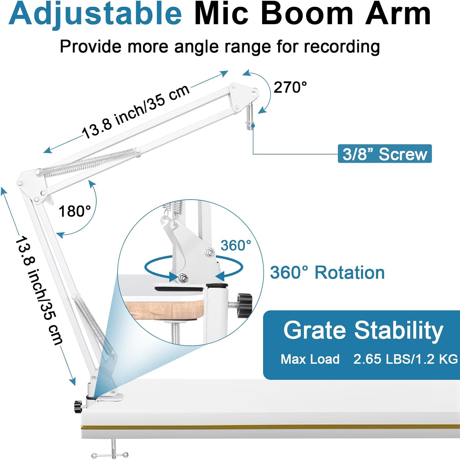 White Boom Arm for Hyperx Quadcast S, Adjustable Hyperx Quadcast White Mic Stand Microphone Arm Compatible with Hyperx Quadcast with Pop Filter,Mic Cover, By ChromLives
