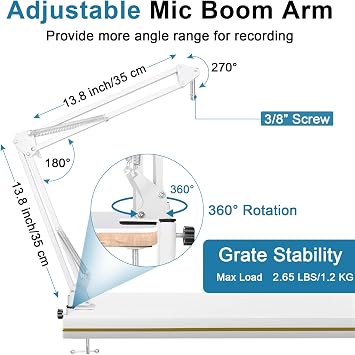 White Boom Arm for Hyperx Quadcast S, Adjustable Hyperx Quadcast White Mic Stand Microphone Arm Compatible with Hyperx Quadcast with Pop Filter,Mic Cover, By ChromLives