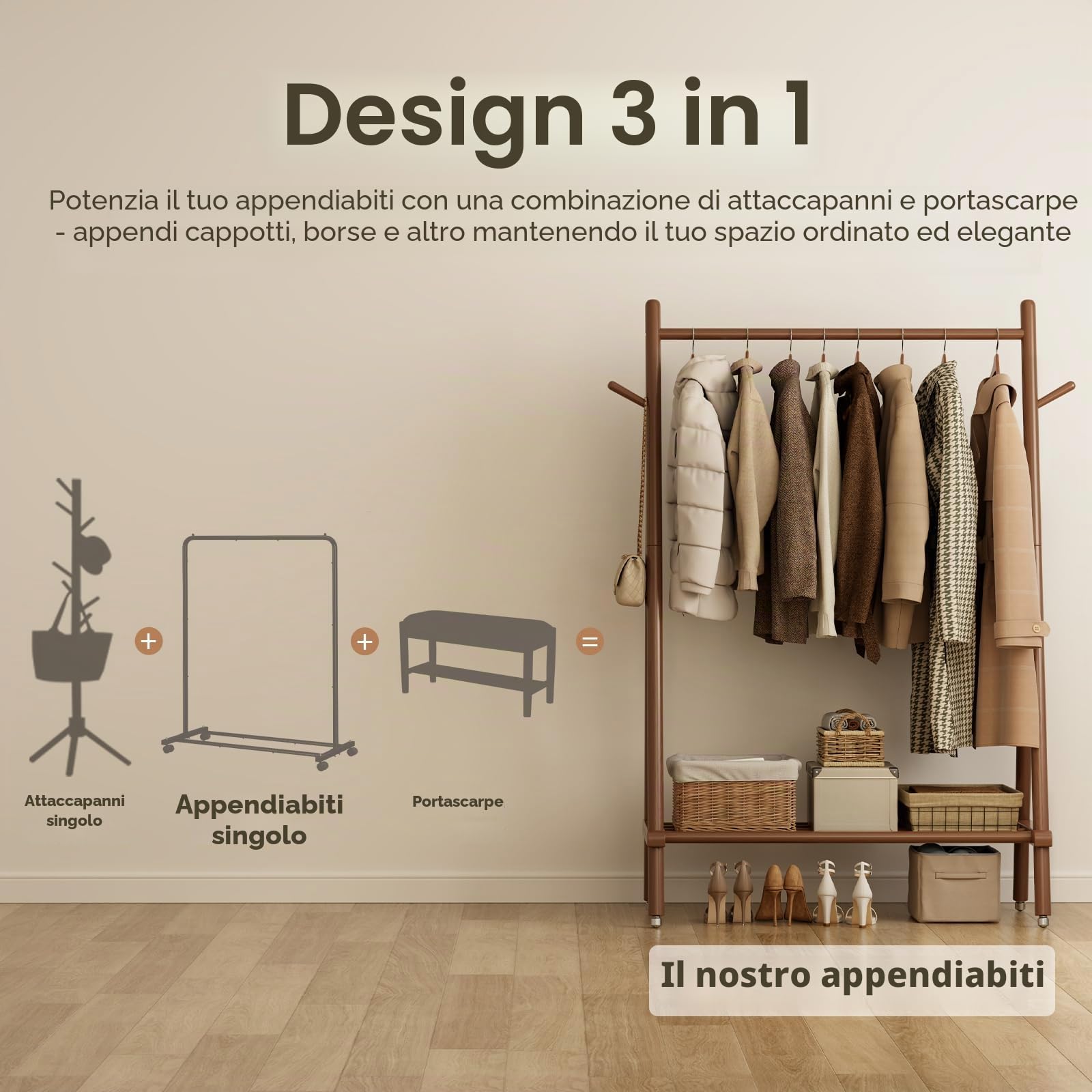 AQIMUELE Stand Appendiabiti con Ruote, Attaccapanni in Legno, 43 x 100 x 157 cm, Appendiabiti da Terra, Resistente, Facile da Montare e Spostare, con Supporto per Scarpe (Noce)