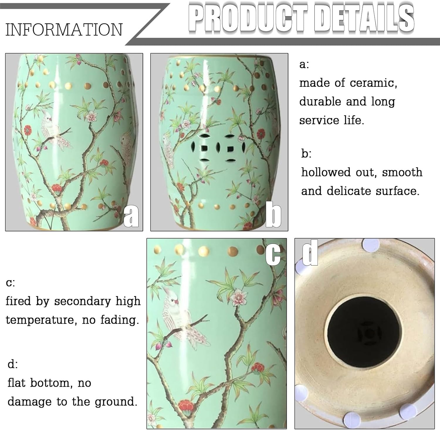 Round Ceramic Decorative Garden Stool - Glazed Hand-Painted Porcelain Side Table for Indoor & Outdoor Use, Small Drum Stool for Living Room, Balcony & Garden(Green Bluebird)