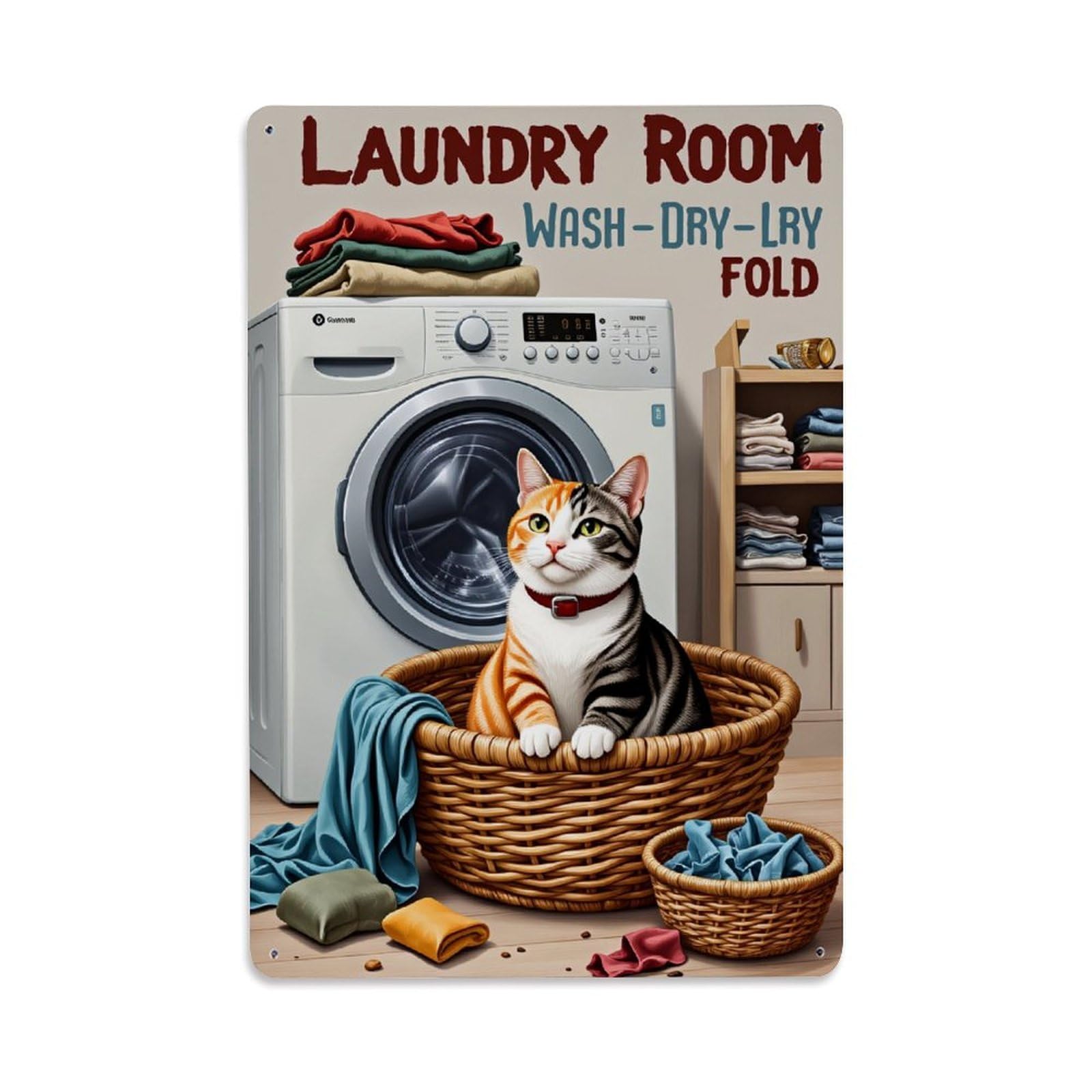 Cat In Basket With Laundry Vintage Tin Sign Retro Metal Wall Decor Metal Poster, Home Bar Garage Farmhouse Cafe Wall Art Decoration 8x12Inches