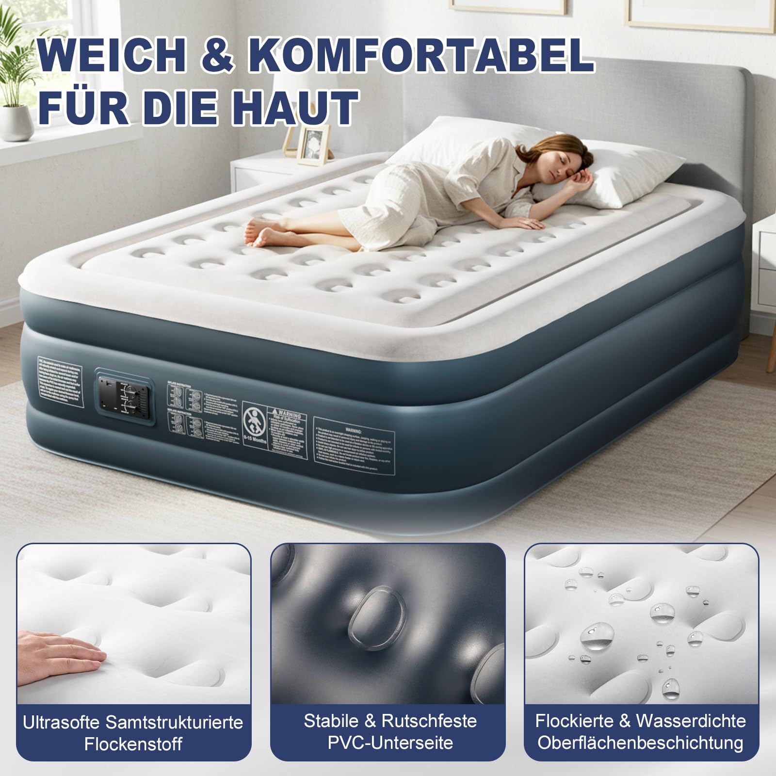 LEADZM Luftbett 2 Personen, Luftmatratze Selbstaufblasend Doppel mit eingebauter elektrischer Pumpe, 203x152x46 cm, 295 kg Belastbarkeit, Grau