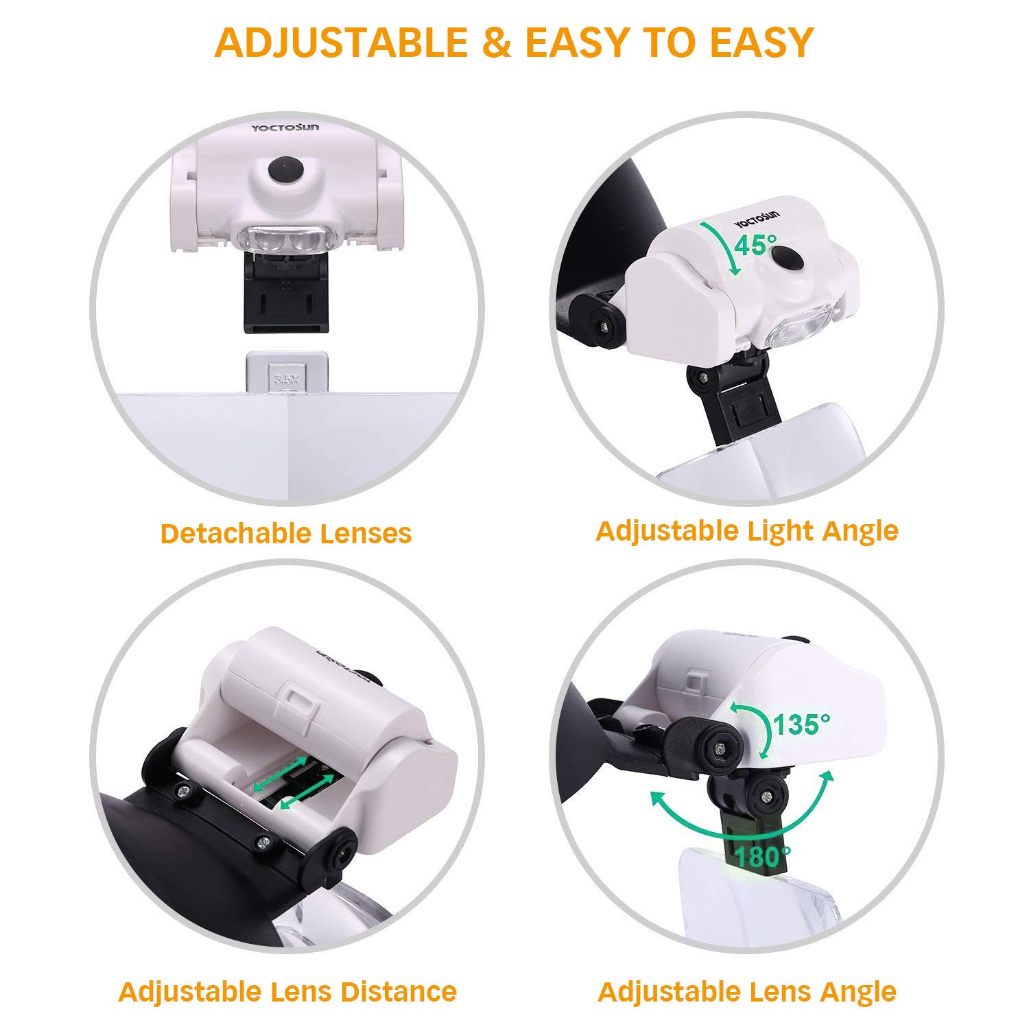 Occhiali Ingrandimento Con Luce LED - 4 Lenti Intercambiabili 1.5X-5X, Ricaricabili USB