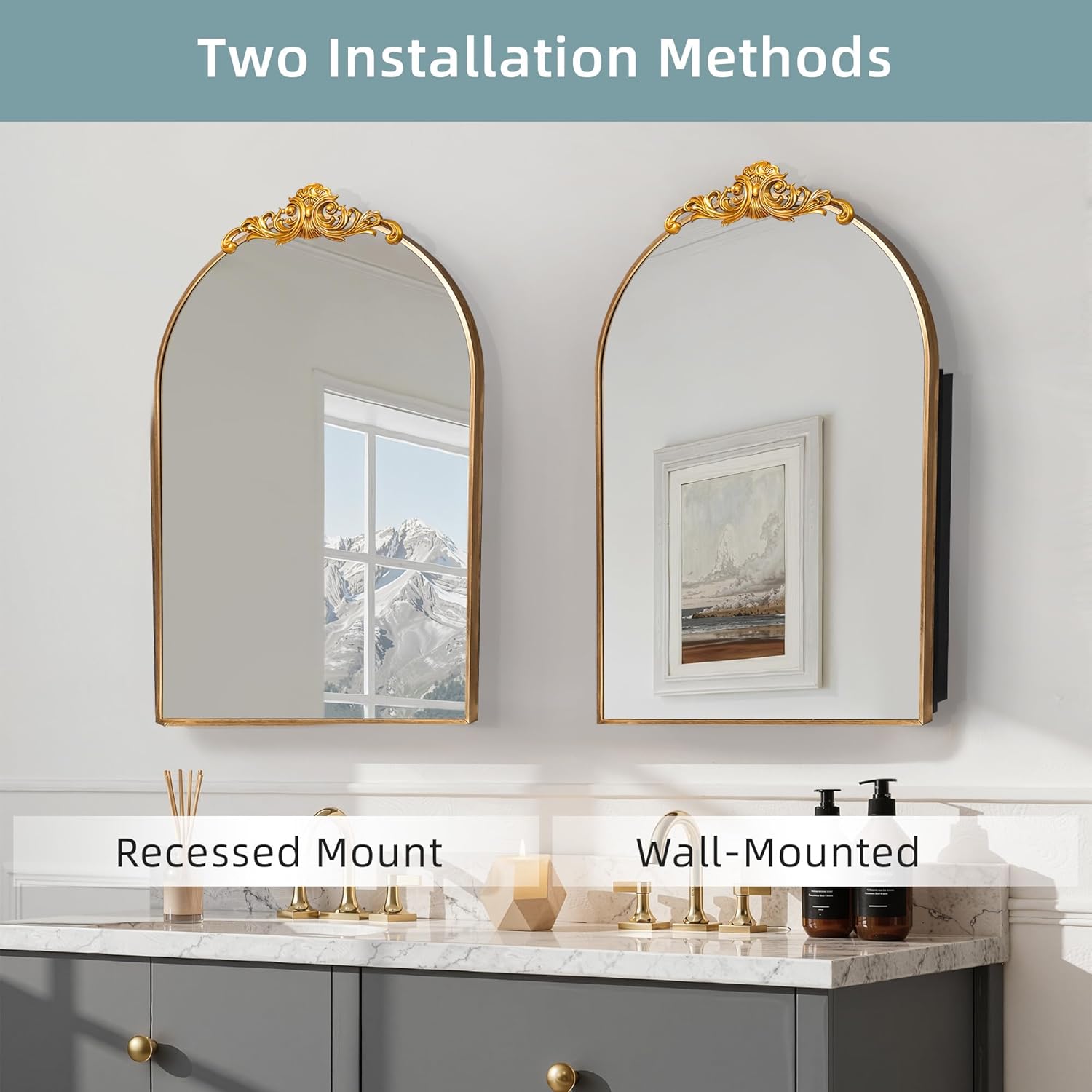 Casaphoria 36" H x 24" W Arched Bathroom Medicine Cabinet with Mirror, Metal Frame Wall Mirror Cabinet,Wall Medicine Cabinets Mirrors, Gold
