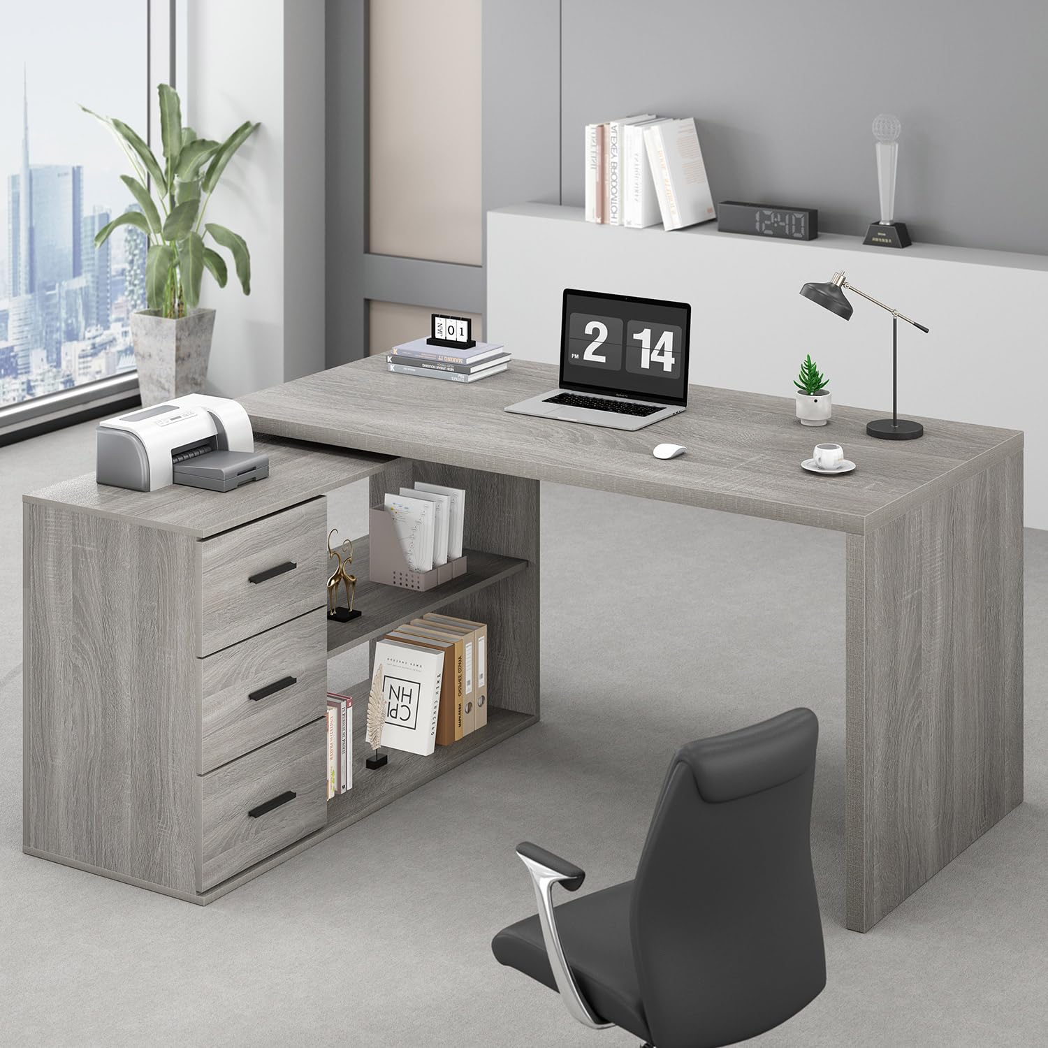 HSH L Shape Desk with Drawers, L-Shaped Desk with Storage Cabinet Shelves, Home Office Corner Computer Desk for Executive Writing, Modern Wood Study