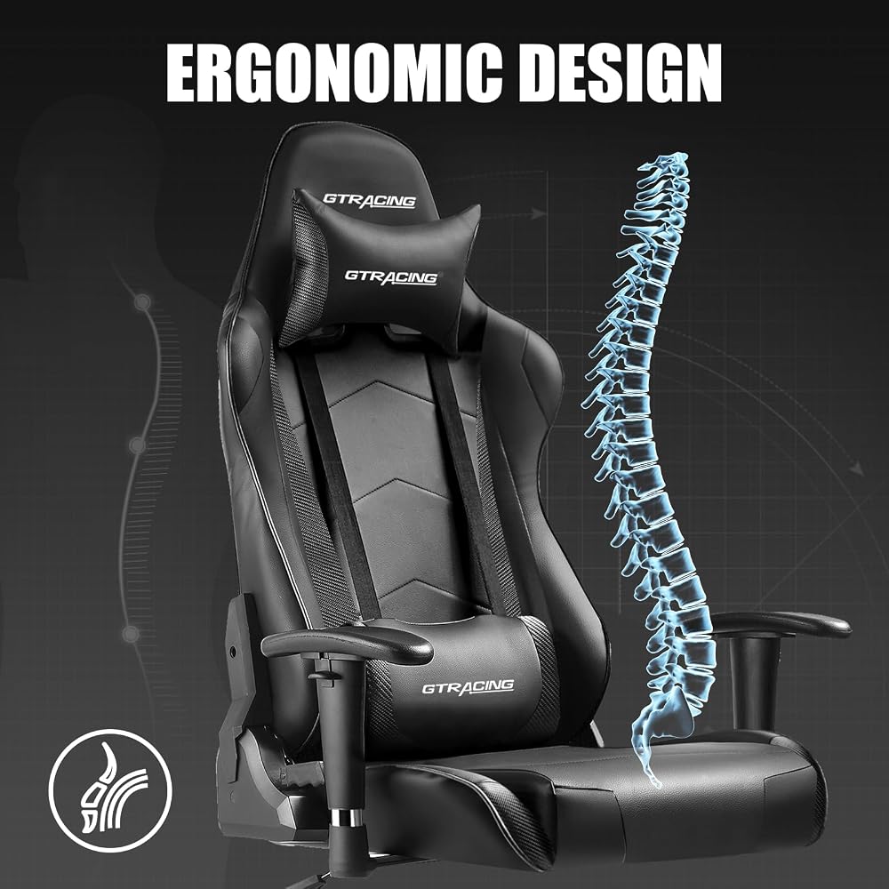 GTRACING Gaming Chair Racing Office Computer Ergonomic Video Game Chair Backrest and Seat Height Adjustable Swivel Recliner with Headrest and Lumbar Pillow Esports Chair (Dark Black)