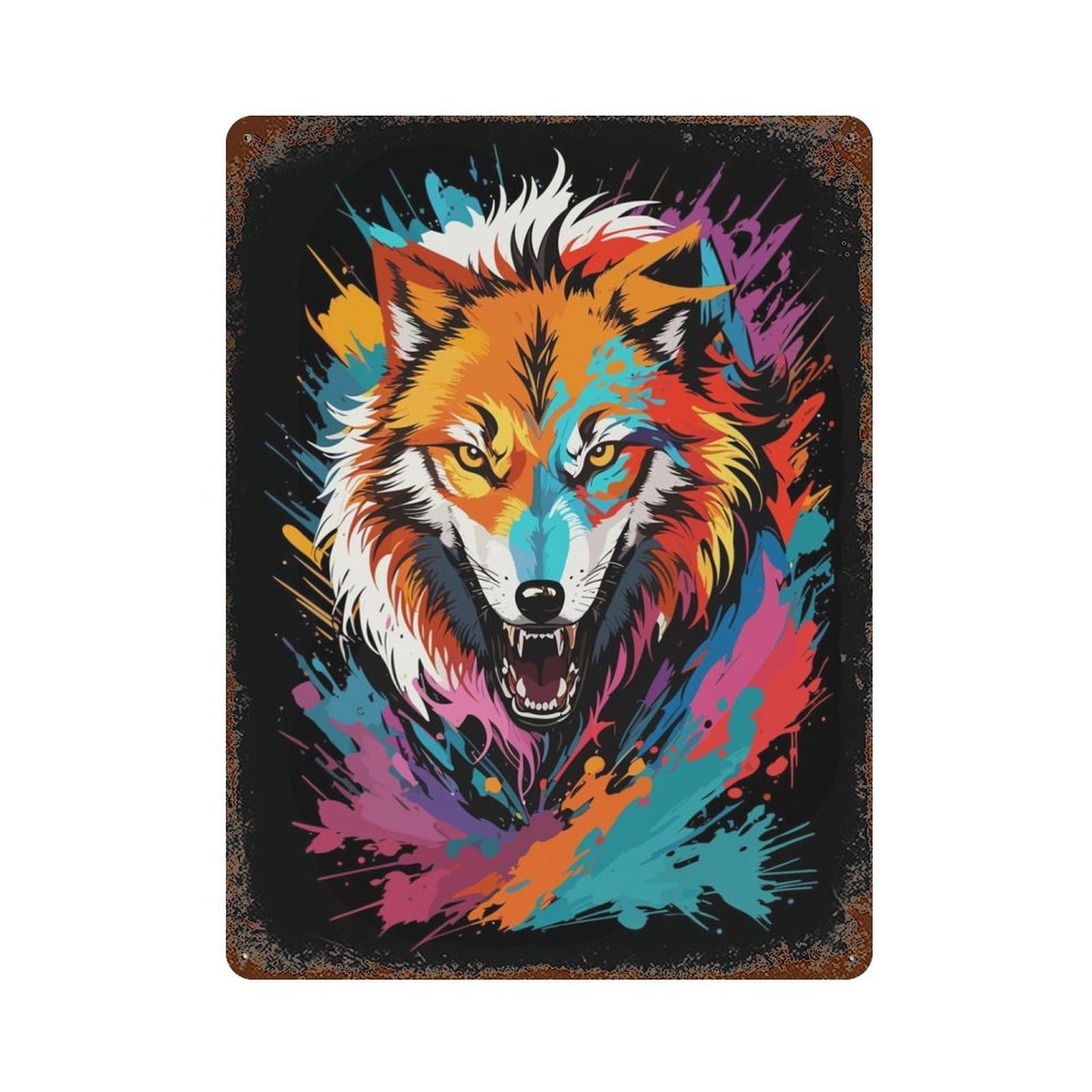Wolf Head Graffiti Style 15.7"x11.8" Vintage Rust Metal Sign, Shabby Chic Decor for Garage, Bar And Workshop Decor