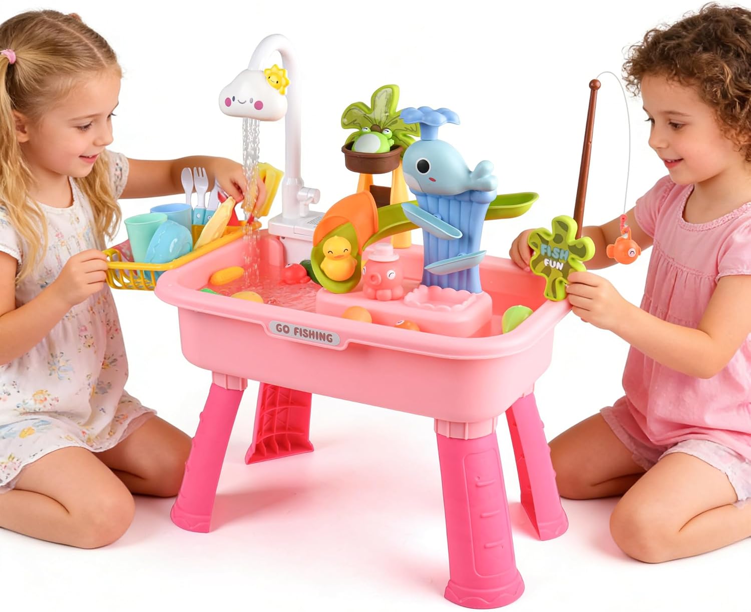 Upgraded Toddler Sand Water Table Toy with Electric Water Pump, Kids Sand Water with Faucet/Play Food Accessories/Fishing Toy, Kitchen Play Sink Toys for Girl Boy Age 3+ (Pink)
