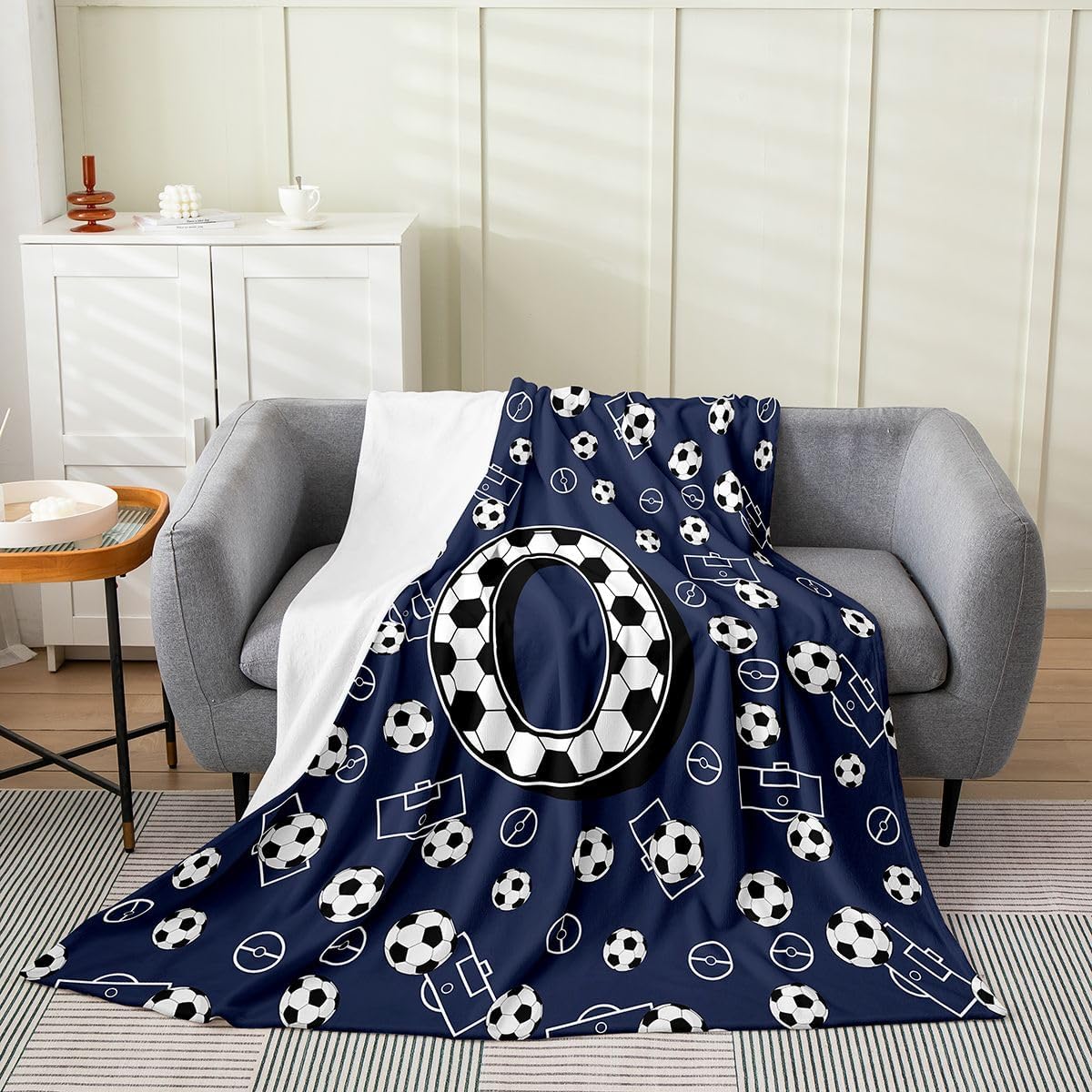 Alphabet Letter Soccer Fleece Blanket Baby 30"x40" Modern Football Personalized Initial O Flannel Blanket Ball Sport Gaming Room Decorative Fuzzy Plush Throw,Soccer Court Decor For Bed Couch image 3