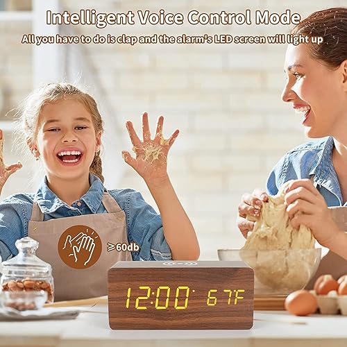 Miniatura 5 de Reloj despertador digital de madera reloj despertador con carga inalámbrica 3 ajustes de alarma regulador automático modo de control de sonido