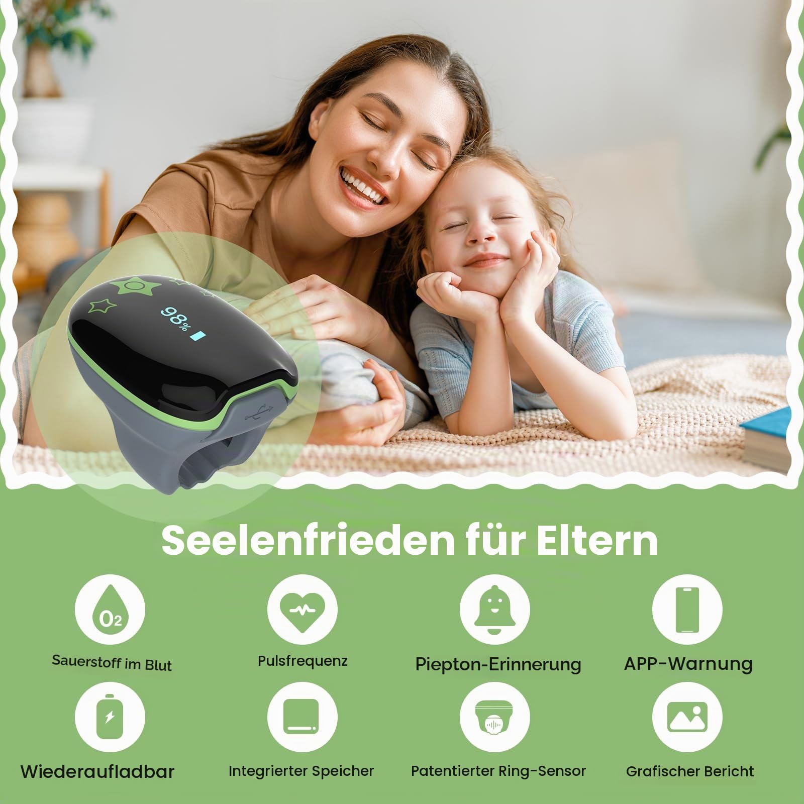 Pädiatrischer tragbarer Gesundheitsmonitor KidsO2 Ring, tragbares Pulsoximeter, Bluetooth, Schlafüberwachung, Gesundheitstracker mit App und PC-Bericht