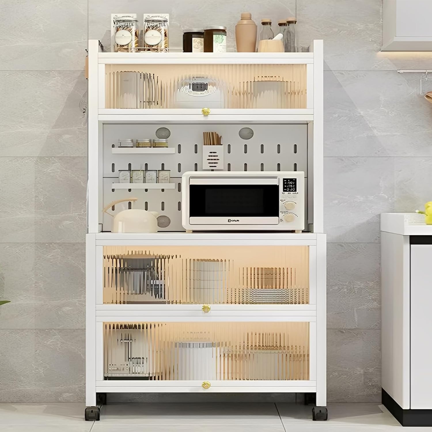 63" Bakers Rack, 5 Tier Kitchens Storage Cabinets for Kitchens with Clear Doors and Adjustable Shelves, Microwave Stand Tall Countertop Storage Sideboard for Pantry, Spices, Pots and Pans (White)