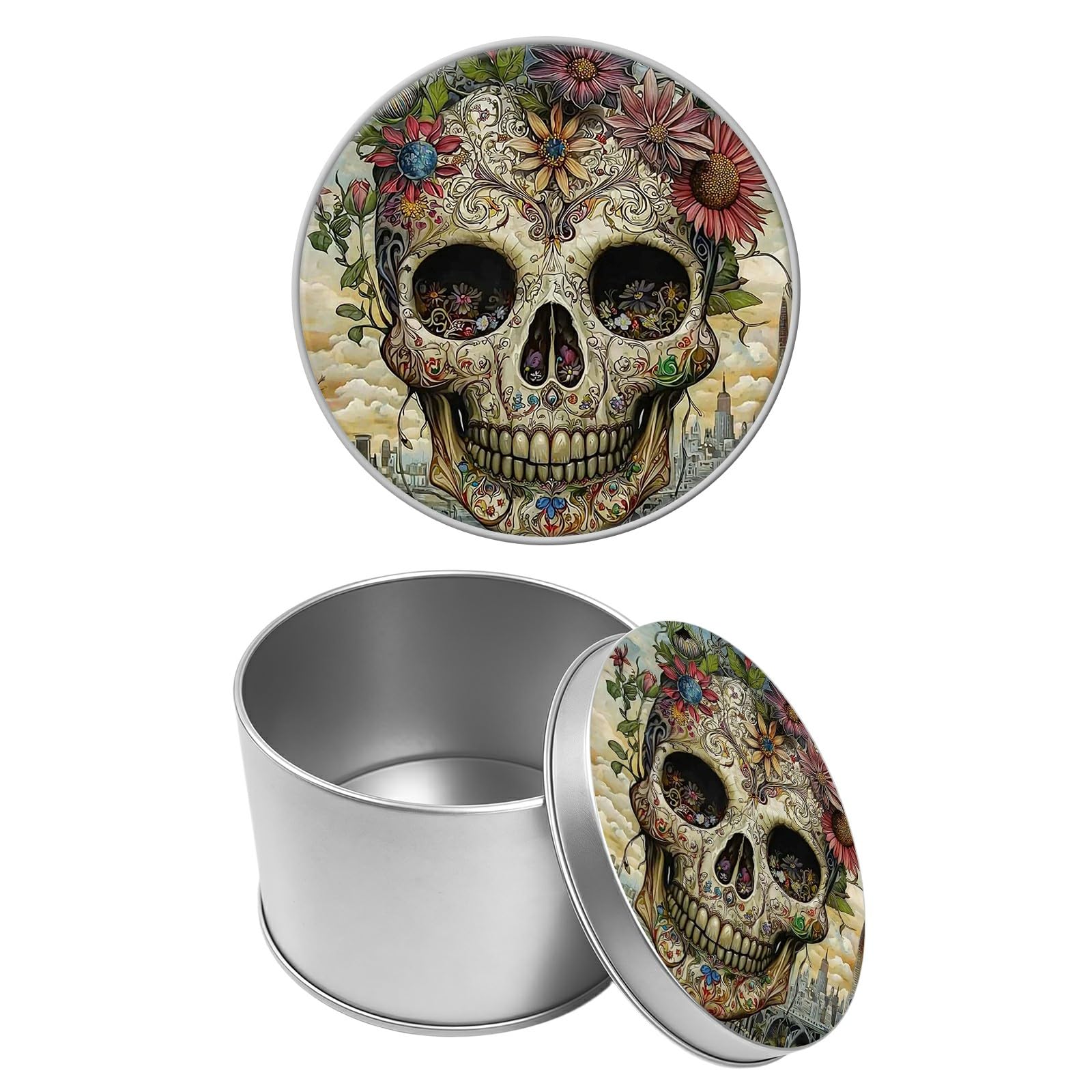 Round Metal Tin Container with Removable Lid, Skull Head Durable Metal Storage Box for Cookies Spices Tea Candies Cakes Jewelry Cosmetics 3.54 x 2.36 inch– Single Pack
