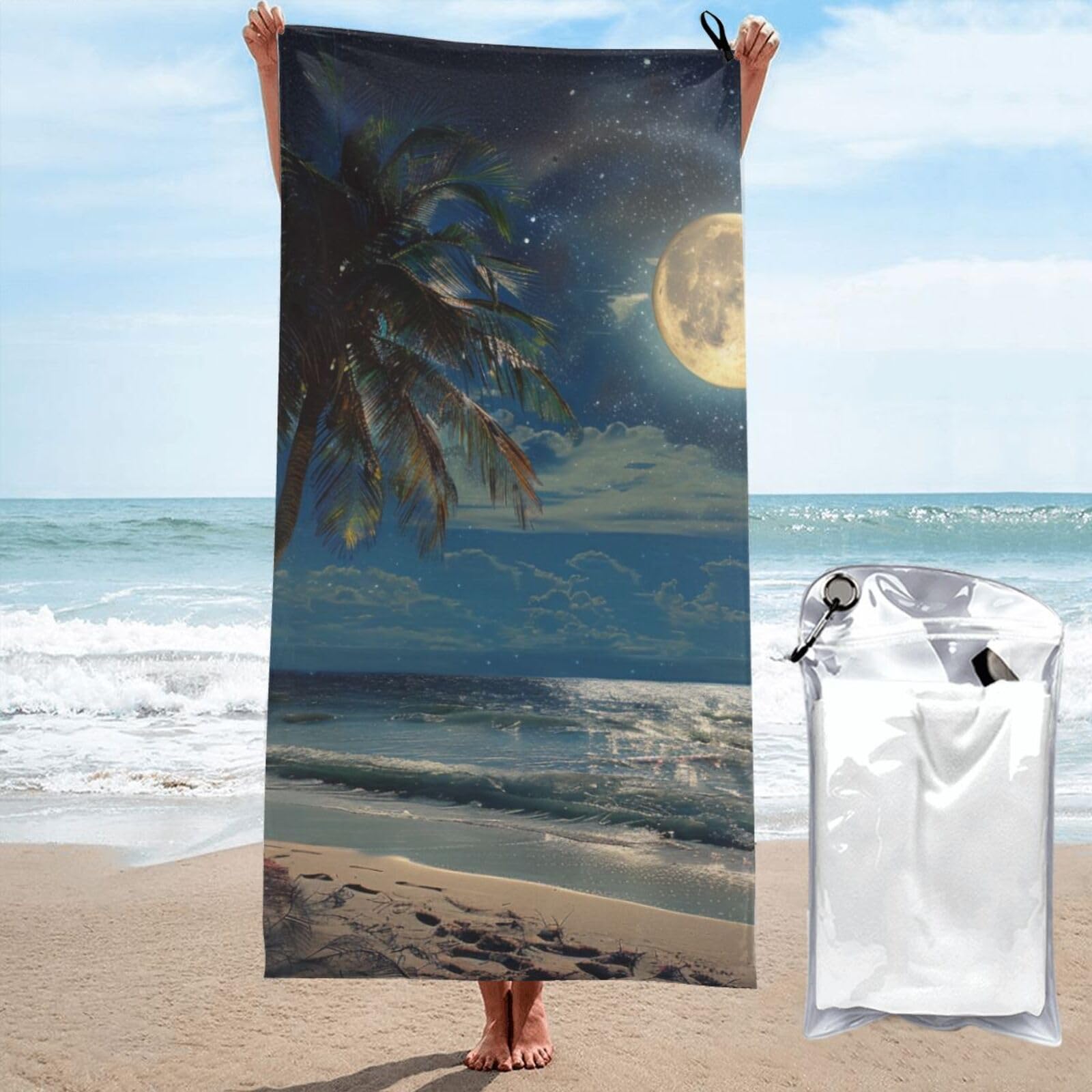 BWWHCCTI Tropical Beach Palm Tree with Moon Printed Microfiber Quick Dry Beach Towel 80x160 CM, Fast Drying Bath Towels with Bags for Travel,Camping,Gym,Beach,Swimming,Yoga