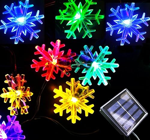 Guirnalda de luces solares de Navidad para exteriores, impermeable, 36 pies, 60 LED, 8 modos, guirnalda de luces solares de copo de nieve para