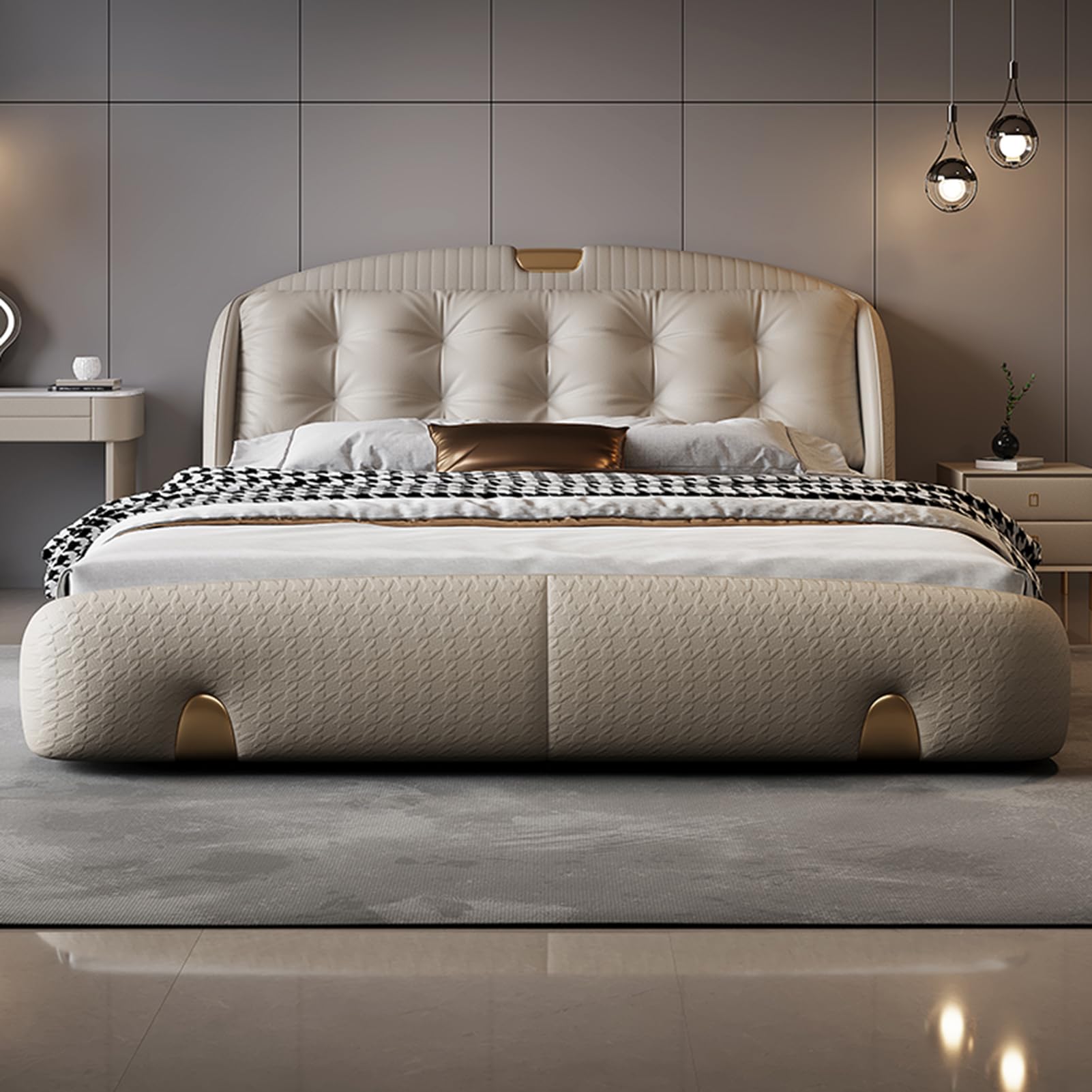 King Size Genuine Leather Wood Upholstered Platform Bed Frame with Wingback Headboard and Storage Drawers Wooden Slats and