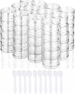 10g/10ml 50PCS Sample Pot for Cosmetics,Leak Proof Mini Makeup Cosmetic Containers Sample Plastic Containers Lotion Jars, Plastic Pots with Screw Lids, Travel Makeup Pot Container + 10 Mask Spatulas